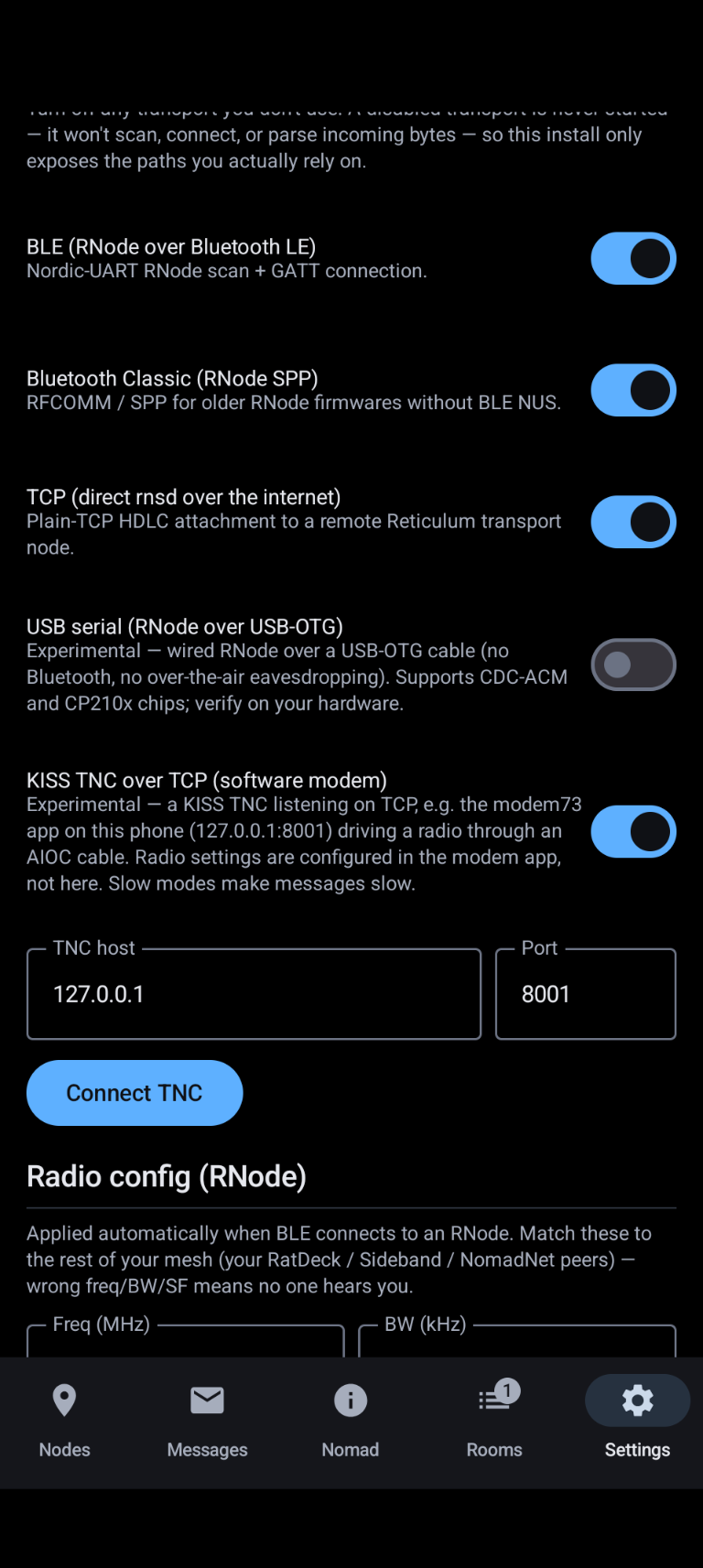 Reticulum mobile transports config screen