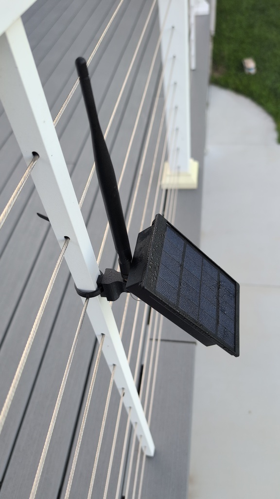Completed Harbor Freight solar node mounted on a deck railing