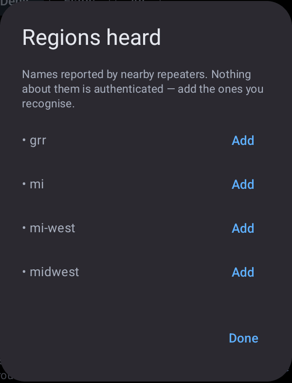 Regions heard dialog listing grr, mi, mi-west and midwest, each with an Add button