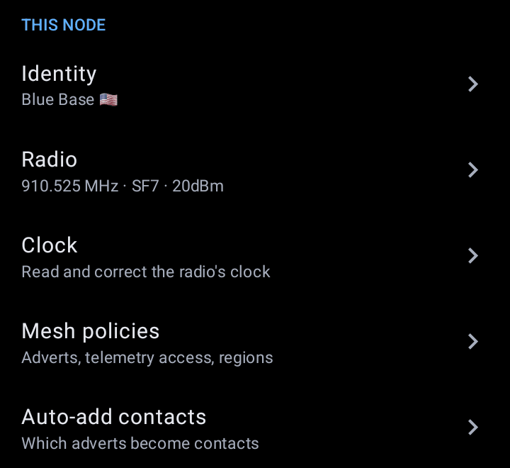 MeshCore Hardened Settings, This Node section, with Mesh policies listed